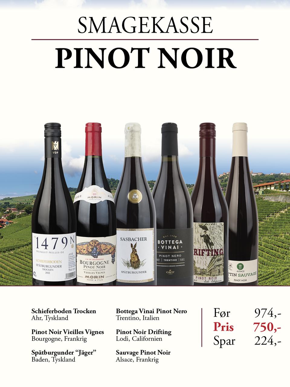 En elegant samling af vinflasker præsenterer de unikke smagsoplevelser af Pinot Noir
